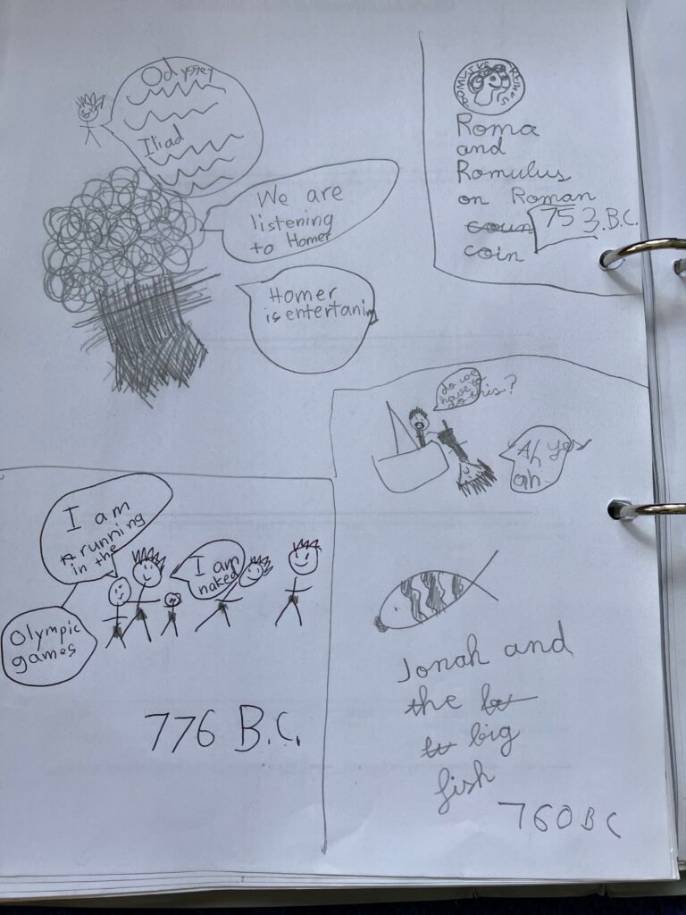 Timeline notebook by subject areas - entry by 9 years old - IMG_4179