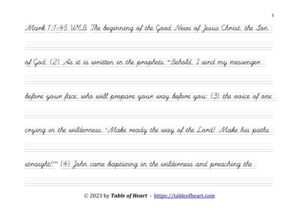 Copywork cursive non-dotted font - size 18 -  Gospel of Mark (PDF)