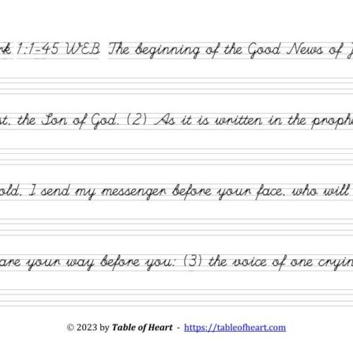 Copywork cursive non-dotted font - size 23 -  Gospel of Mark (PDF)