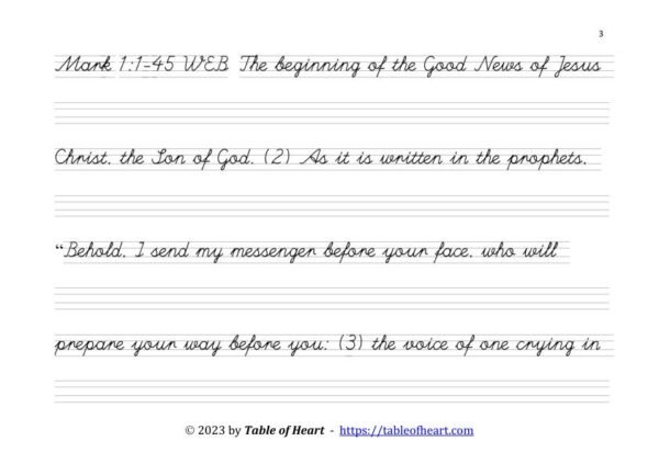 Copywork cursive non-dotted font - size 23 -  Gospel of Mark (PDF)