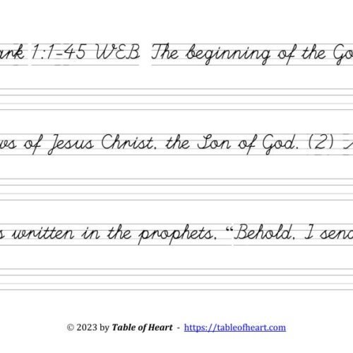 Copywork cursive non-dotted font - size 30 -  Gospel of Mark (PDF)