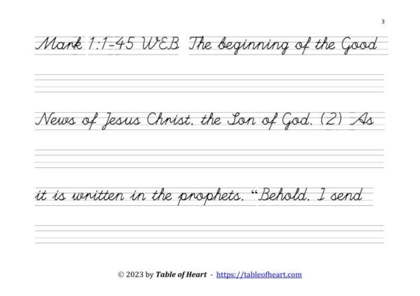 Copywork cursive non-dotted font - size 30 -  Gospel of Mark (PDF)