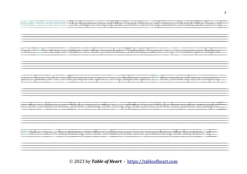 Mark 1 Copywork cursive dotted font size 23 worksheets