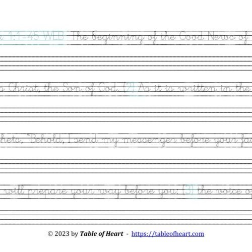 Mark 01 WEB - CursiveCopyworkDotted - size 31_3 Copywork cursive dotted font - size 31 - Gospel of Mark (PDF)