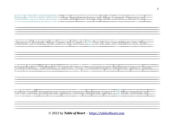Mark 01 WEB - CursiveCopyworkDotted - size 31_3 Copywork cursive dotted font - size 31 - Gospel of Mark (PDF)