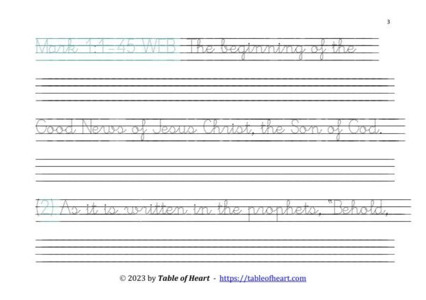 Copywork cursive dotted font - size 42 -  Gospel of Mark (PDF)