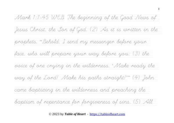 Handwriting tracing cursive non-dotted font - size 25 -  Gospel of Mark (PDF)