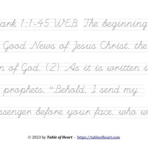 Handwriting tracing cursive non-dotted font - size 38 -  Gospel of Mark (PDF)