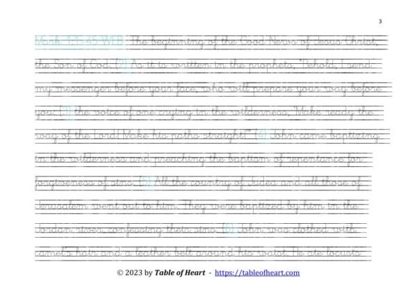 Handwriting tracing cursive dotted font - size 27 -  Gospel of Mark (PDF)