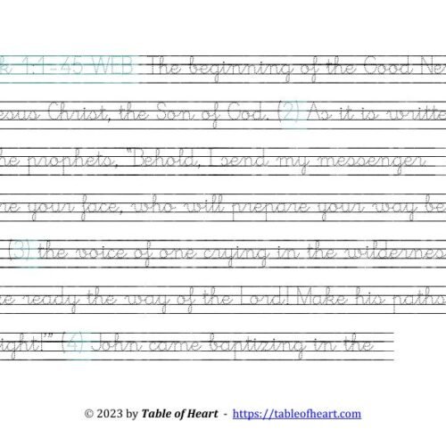 Handwriting tracing cursive dotted font - size 35 -  Gospel of Mark (PDF)