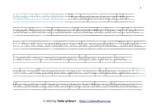 Handwriting tracing cursive dotted font - size 42 -  Gospel of Mark (PDF)