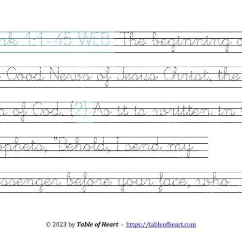Handwriting tracing cursive dotted font - size 49 -  Gospel of Mark (PDF)