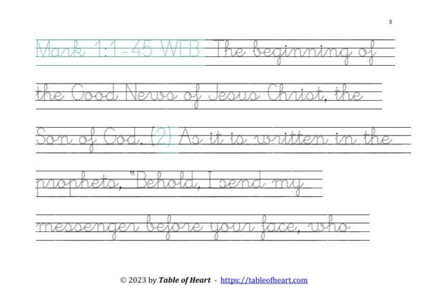 Handwriting tracing cursive dotted font - size 49 -  Gospel of Mark (PDF)