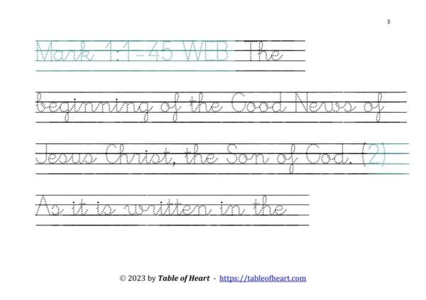 Handwriting tracing cursive dotted font - size 58 -  Gospel of Mark (PDF)