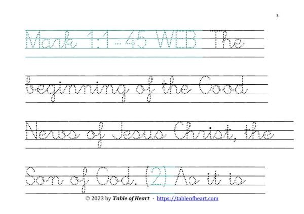 Handwriting tracing cursive dotted font - size 72 -  Gospel of Mark (PDF)