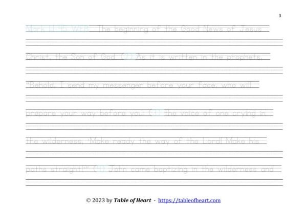 Copywork Ball and stick dotted font - size 28 -  Gospel of Mark (PDF)