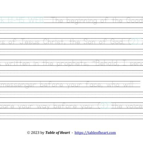 Copywork Ball and stick dotted font - size 38 -  Gospel of Mark (PDF)