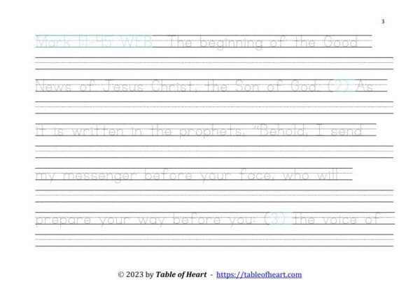 Copywork Ball and stick dotted font - size 38 -  Gospel of Mark (PDF)