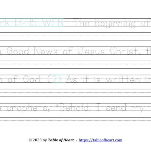 Copywork Ball and stick dotted font - size 49 -  Gospel of Mark (PDF)