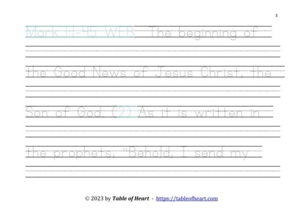 Copywork Ball and stick dotted font - size 49 -  Gospel of Mark (PDF)