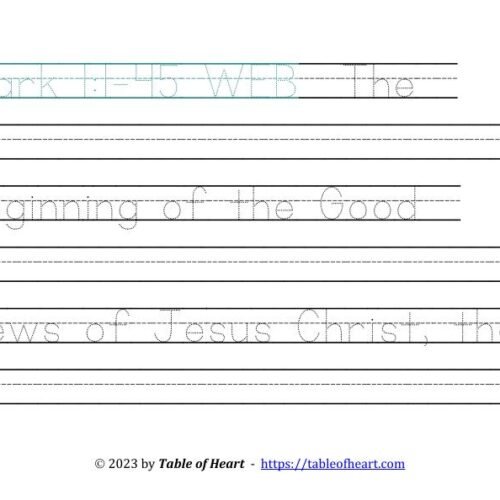 Copywork Ball and stick dotted font - size 66 -  Gospel of Mark (PDF)