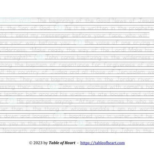 Handwriting tracing Ball and stick dotted font - size 28 -  Gospel of Mark (PDF)