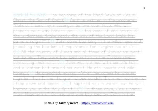 Handwriting tracing Ball and stick dotted font - size 28 -  Gospel of Mark (PDF)