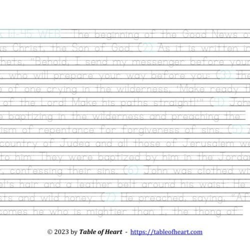 Handwriting tracing Ball and stick dotted font - size 32 -  Gospel of Mark (PDF)