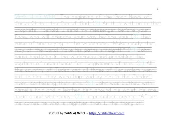 Handwriting tracing Ball and stick dotted font - size 32 -  Gospel of Mark (PDF)