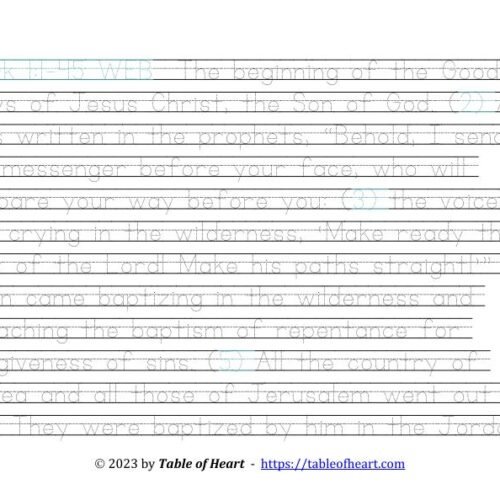 Handwriting tracing Ball and stick dotted font - size 38 -  Gospel of Mark (PDF)
