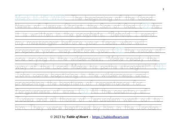 Handwriting tracing Ball and stick dotted font - size 38 -  Gospel of Mark (PDF)