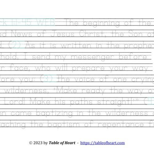 Handwriting tracing Ball and stick dotted font - size 43 -  Gospel of Mark (PDF)