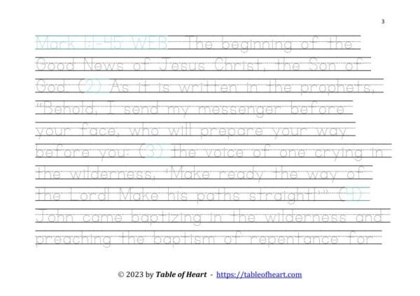 Handwriting tracing Ball and stick dotted font - size 43 -  Gospel of Mark (PDF)
