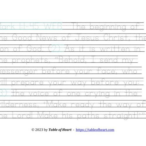 Handwriting tracing Ball and stick dotted font - size 49 -  Gospel of Mark (PDF)