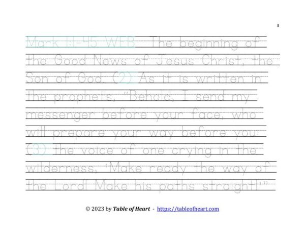 Handwriting tracing Ball and stick dotted font - size 49 -  Gospel of Mark (PDF)