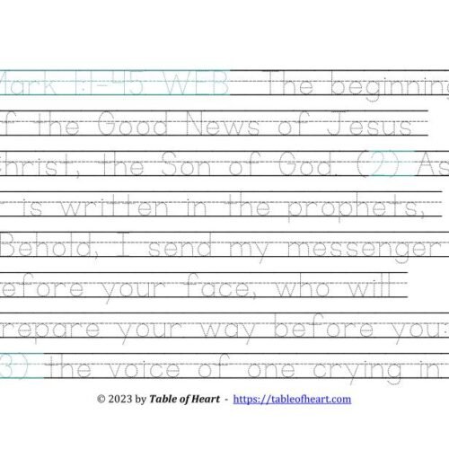 Handwriting tracing Ball and stick dotted font - size 58 -  Gospel of Mark (PDF)