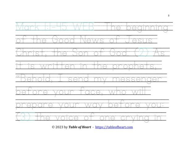 Handwriting tracing Ball and stick dotted font - size 58 -  Gospel of Mark (PDF)