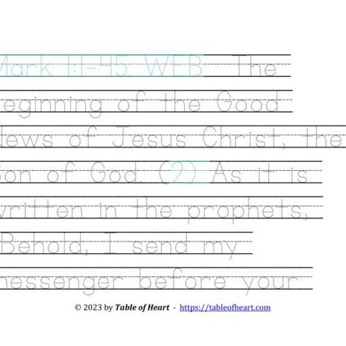 Handwriting tracing Ball and stick dotted font - size 66 -  Gospel of Mark (PDF)