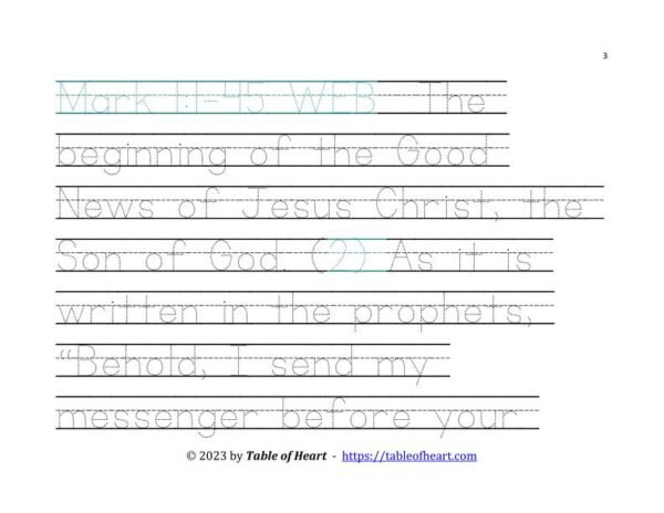 Handwriting tracing Ball and stick dotted font - size 66 -  Gospel of Mark (PDF)