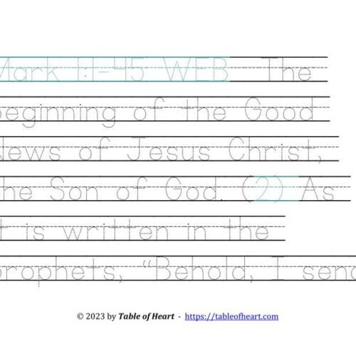 Handwriting tracing Ball and stick dotted font - size 72 -  Gospel of Mark (PDF)
