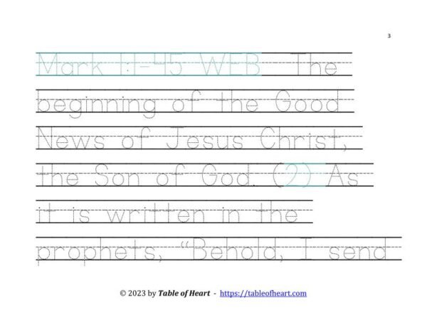 Handwriting tracing Ball and stick dotted font - size 72 -  Gospel of Mark (PDF)