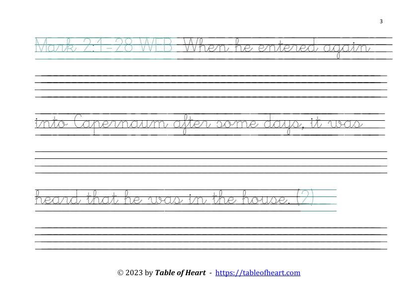Mark 2 Copywork cursive dotted font size 42 worksheets