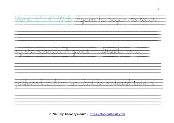 Mark 4 Copywork cursive dotted font size 42 worksheets