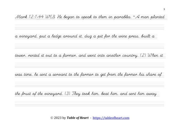Mark 12 Copywork cursive non-dotted font size 18 worksheets
