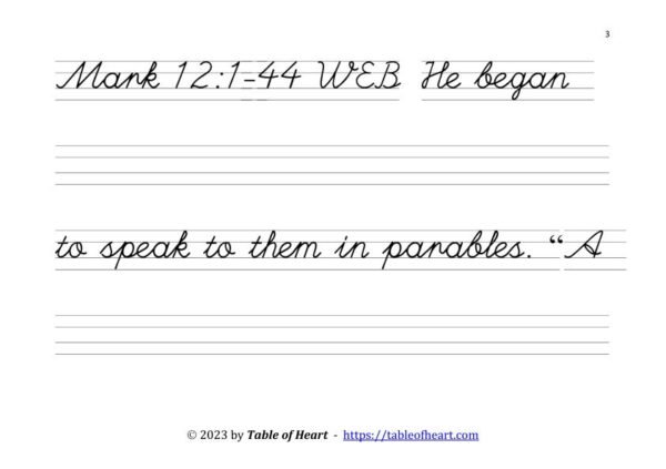 Mark 12 Copywork cursive non-dotted font size 42 worksheets