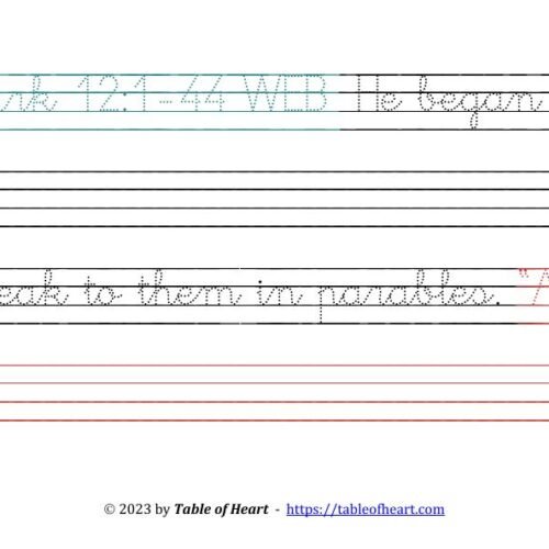 Mark 12 Copywork cursive dotted font size 58 worksheets