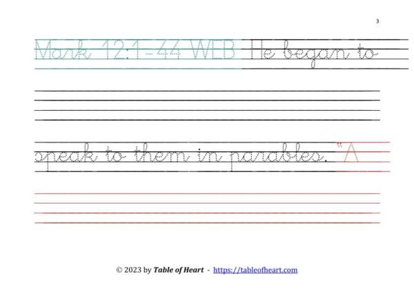 Mark 12 Copywork cursive dotted font size 58 worksheets