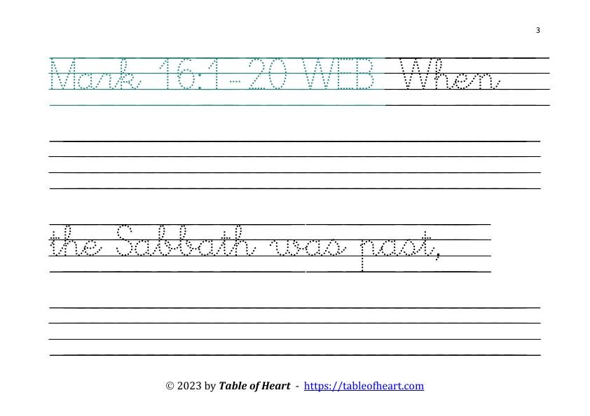 Mark 16 Copywork cursive dotted font size 66 worksheets